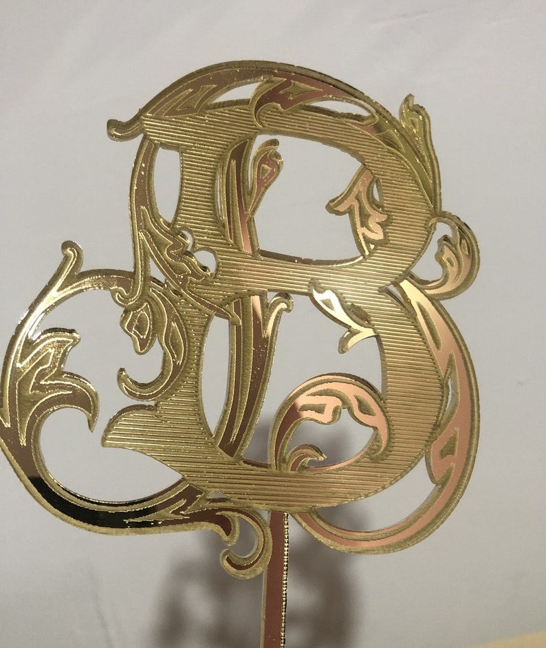 Reserved for Alyssa Personalized Vintage Double Monogram Cake Topper in Victorian Filigree – Gold Painted