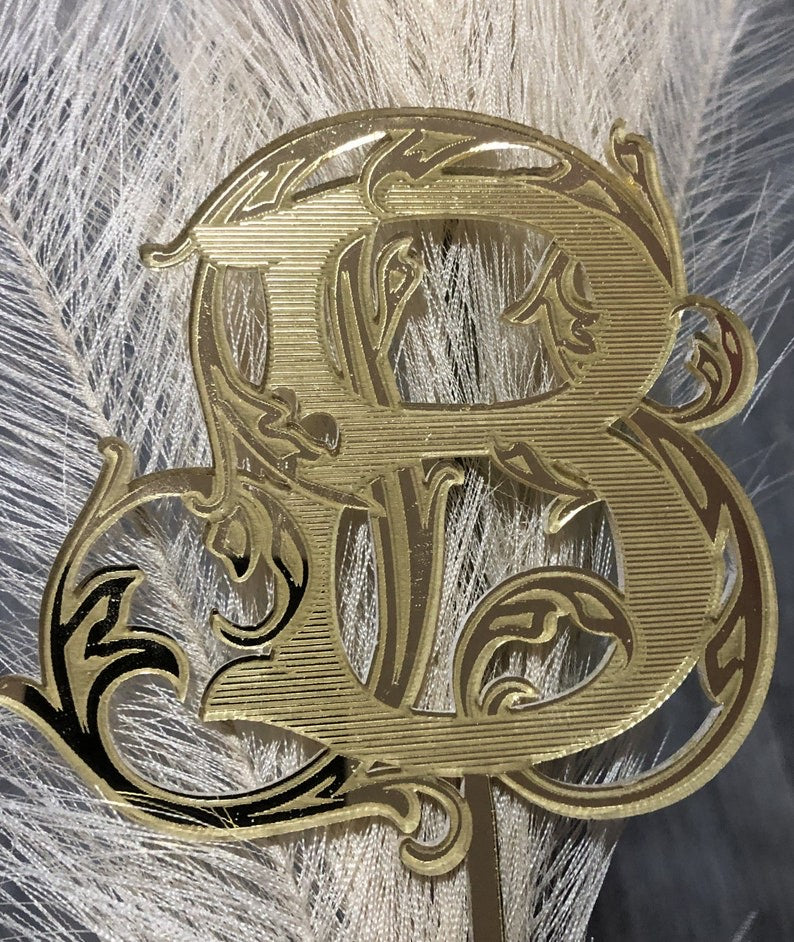 Reserved for Alyssa Personalized Vintage Double Monogram Cake Topper in Victorian Filigree – Gold Painted