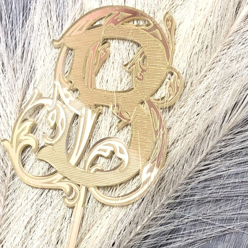 Reserved for Alyssa Personalized Vintage Double Monogram Cake Topper in Victorian Filigree – Gold Painted