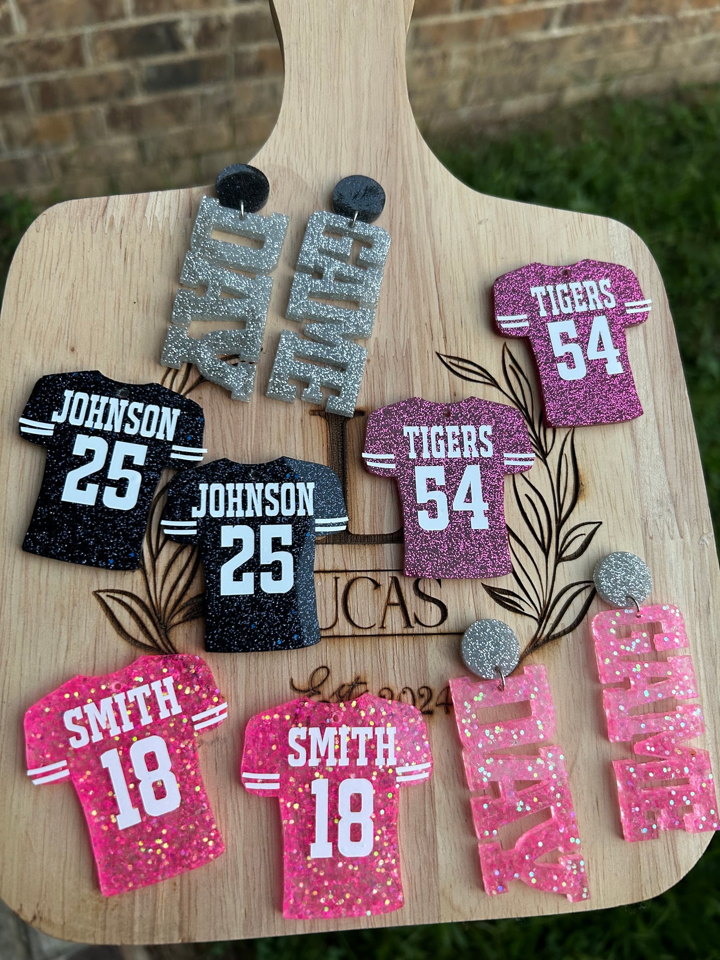 Pink Out Personalized Football Jersey Number Earrings- Customize with your name, number and colors