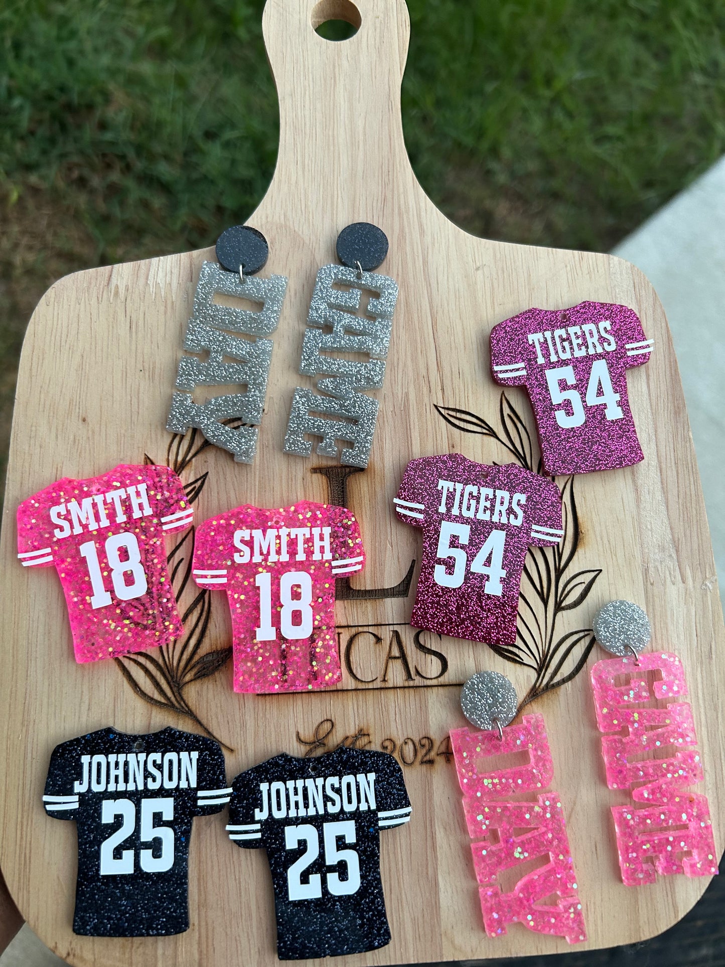 Pink Out Personalized Football Jersey Number Earrings- Customize with your name, number and colors