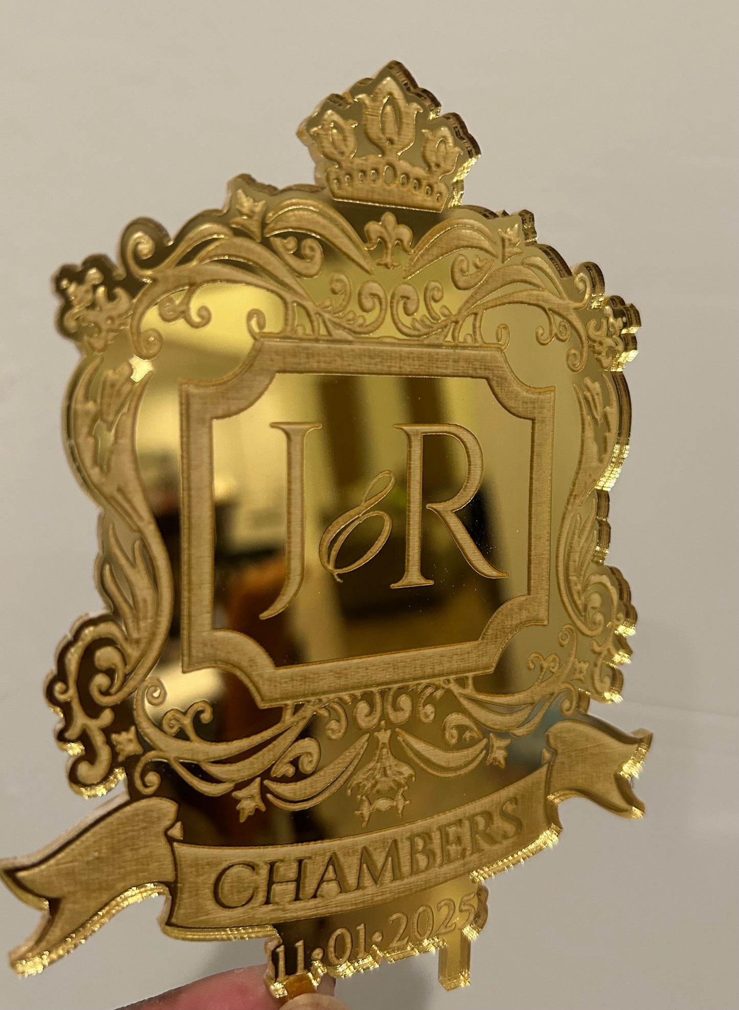 Personalized Crest Cake Topper – CustomDesign for Client – Mirror Acrylic Wedding Cake Decoration