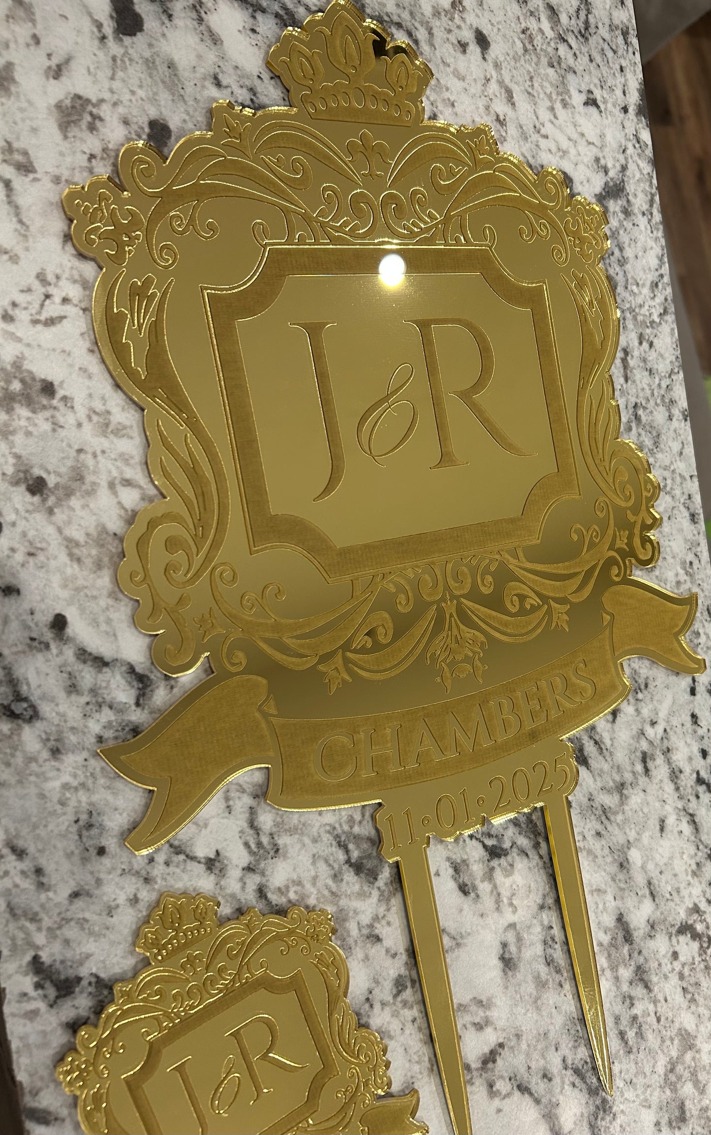 Personalized Crest Cake Topper – CustomDesign for Client – Mirror Acrylic Wedding Cake Decoration