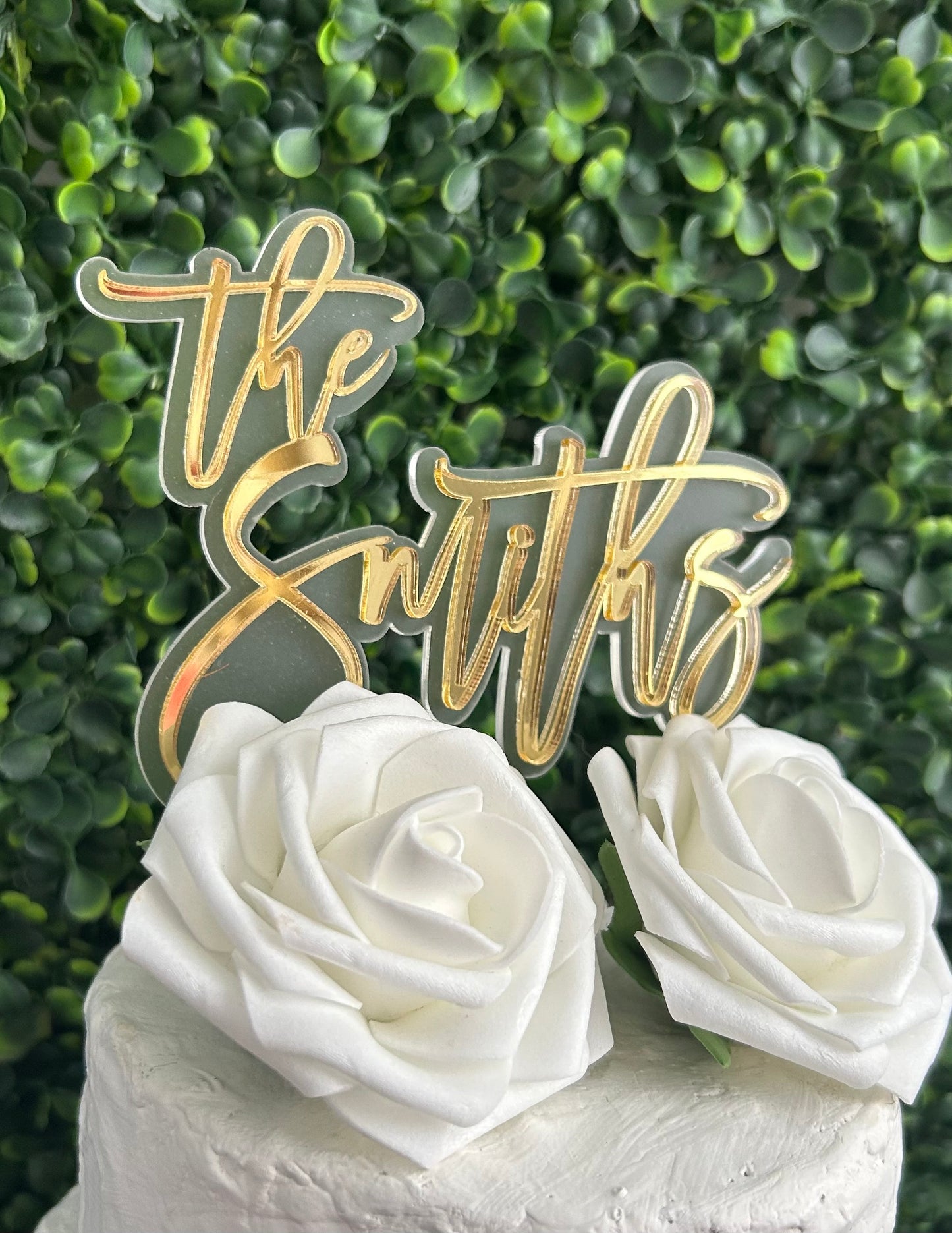 Personalized Double Layer Last Name Wedding Cake Topper (Gold on Frosted Acrylic)