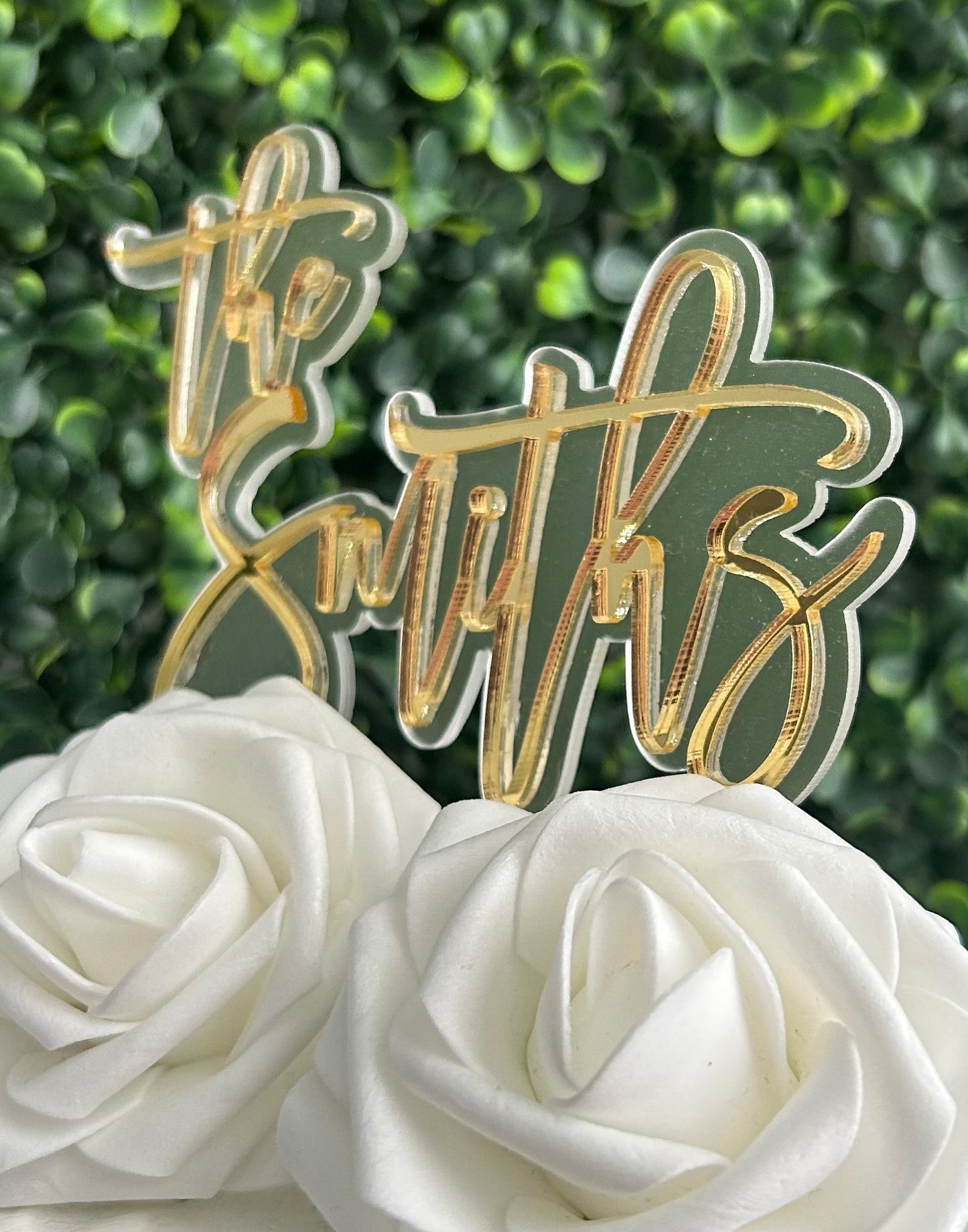 Personalized Double Layer Last Name Wedding Cake Topper (Gold on Frosted Acrylic)
