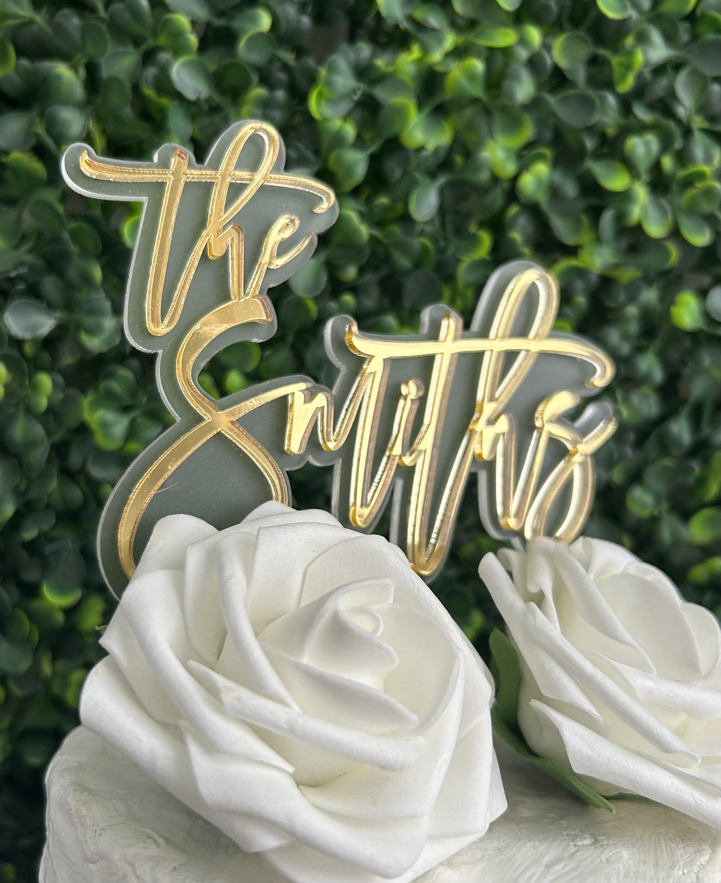 Personalized Double Layer Last Name Wedding Cake Topper (Gold on Frosted Acrylic)