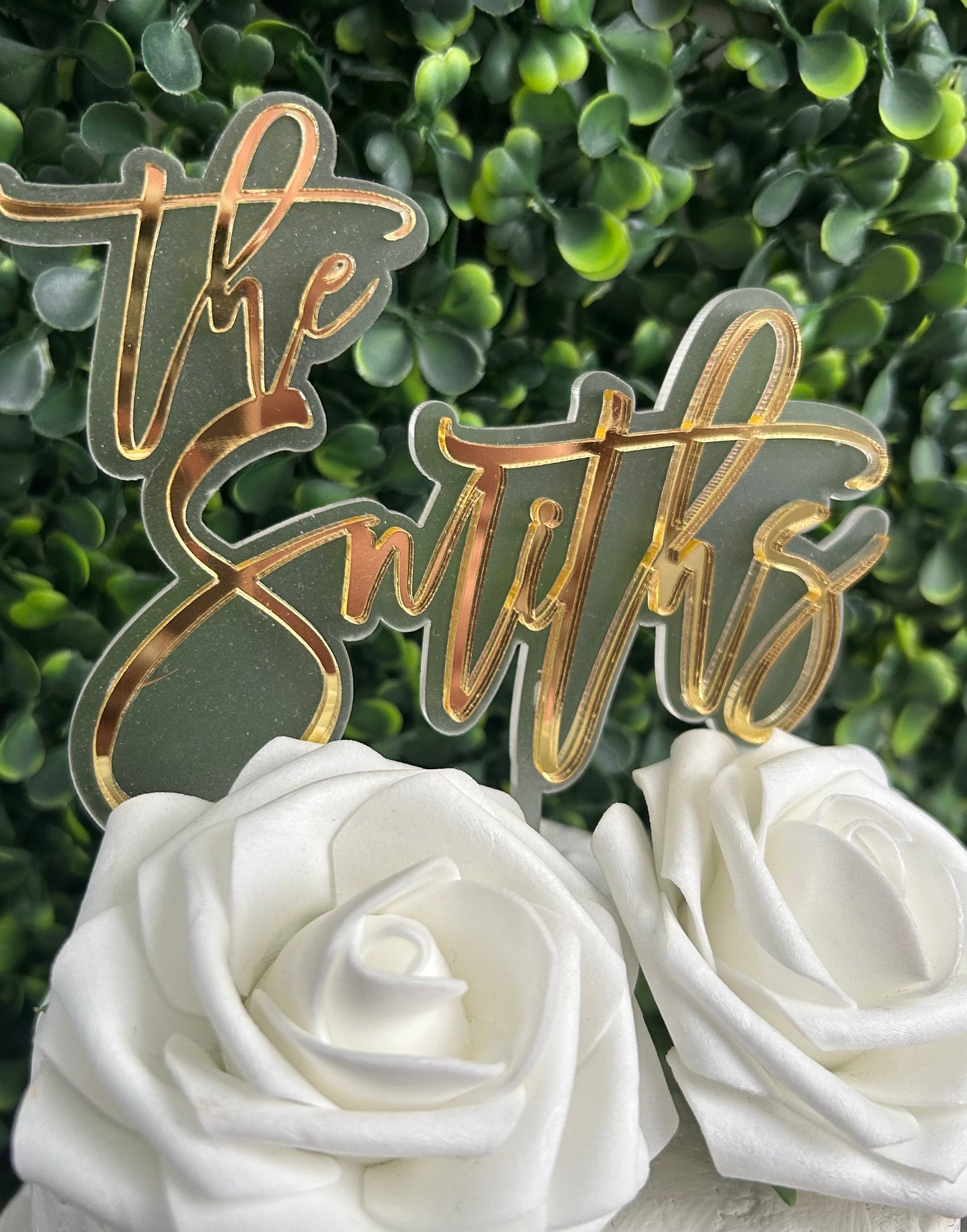 Personalized Double Layer Last Name Wedding Cake Topper (Gold on Frosted Acrylic)
