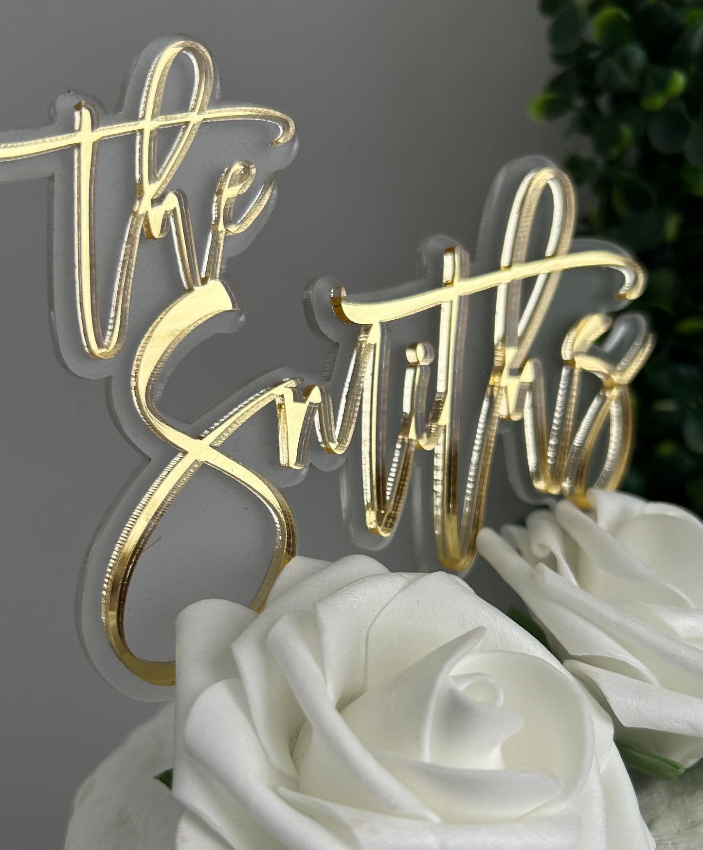 Personalized Double Layer Last Name Wedding Cake Topper (Gold on Frosted Acrylic)