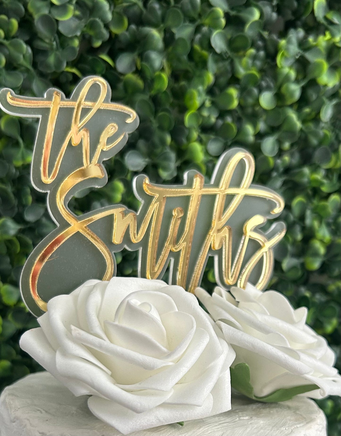 Personalized Double Layer Last Name Wedding Cake Topper (Gold on Frosted Acrylic)