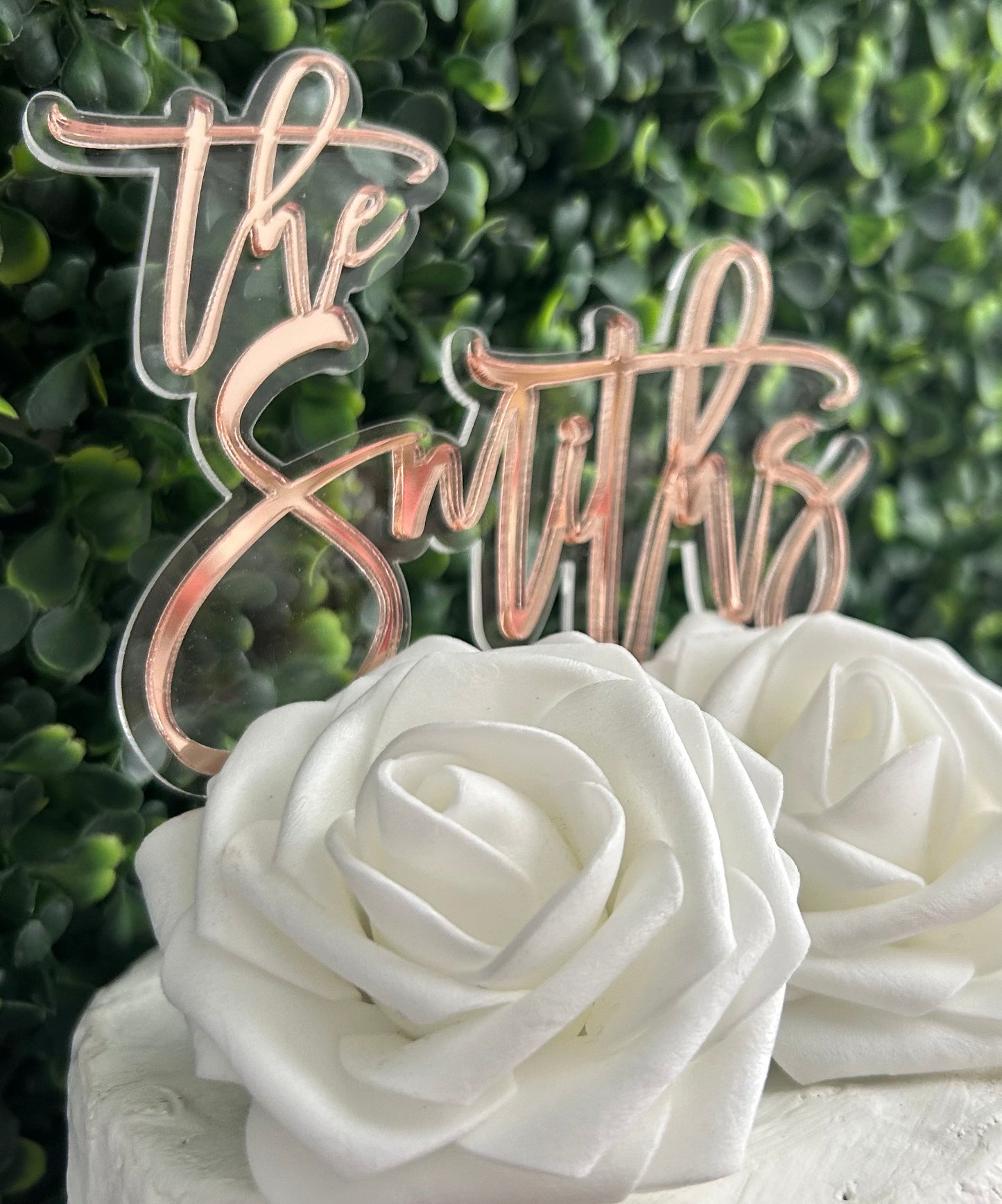 Personalized Double Layer Last Name Wedding Cake Topper (Rose gold Mirror on Clear)