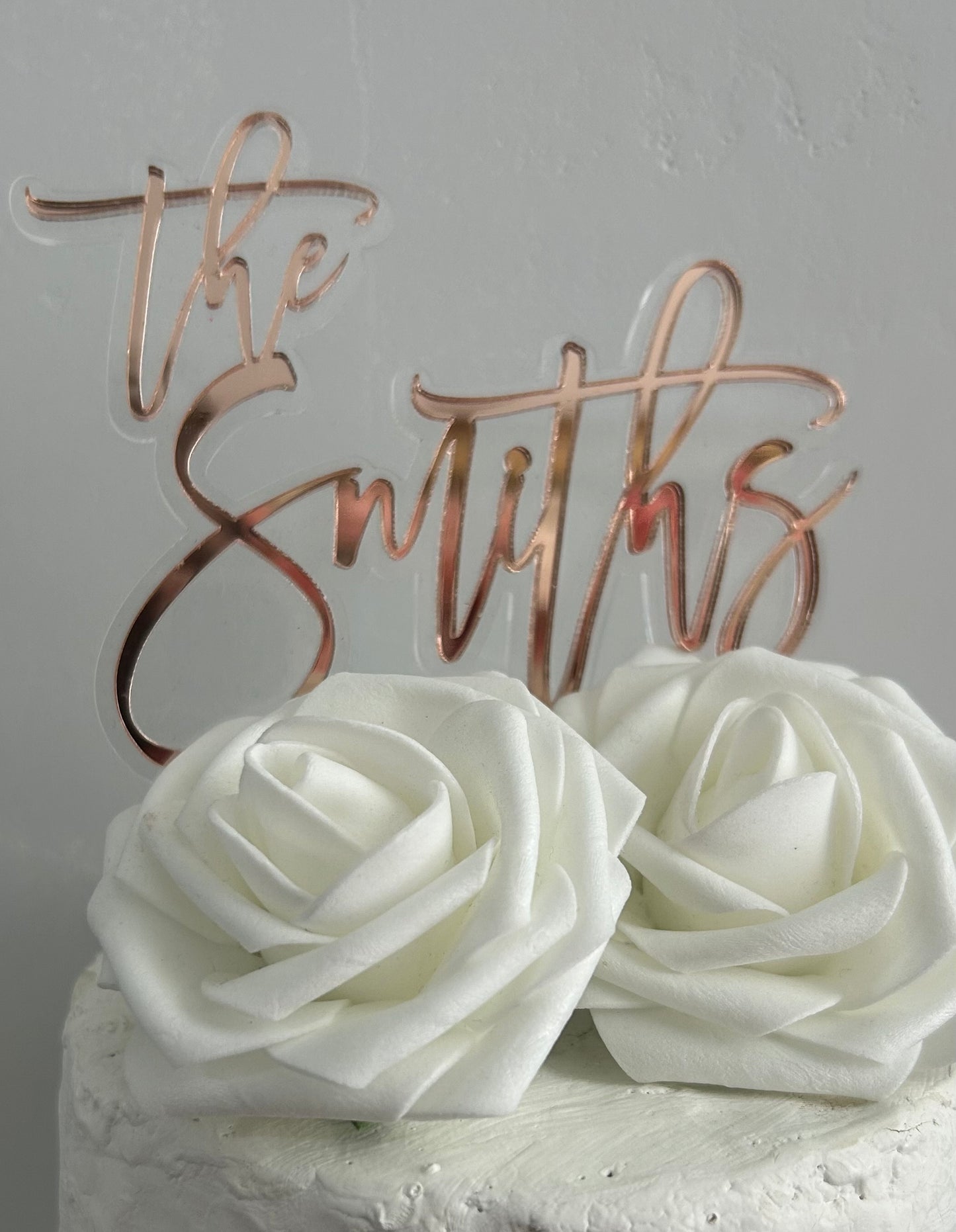 Personalized Double Layer Last Name Wedding Cake Topper (Rose gold Mirror on Clear)