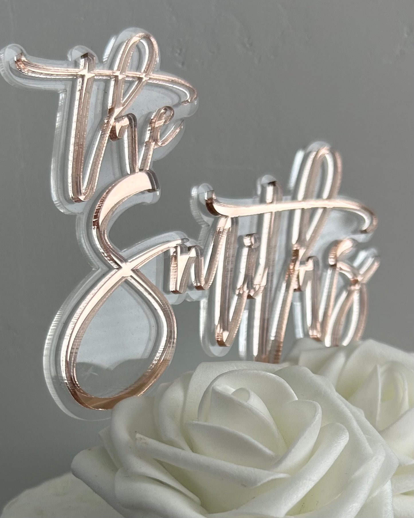 Personalized Double Layer Last Name Wedding Cake Topper (Rose gold Mirror on Clear)