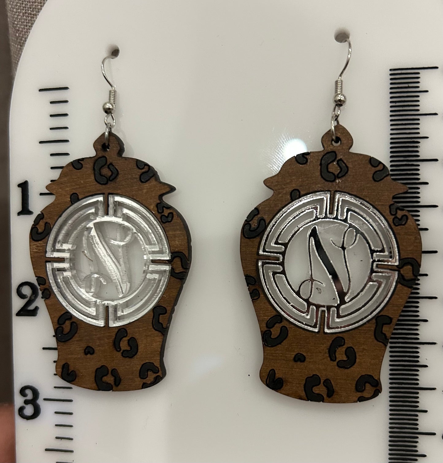 Personalized Monogram Leopard ginger jar earrings (Silver medallion)