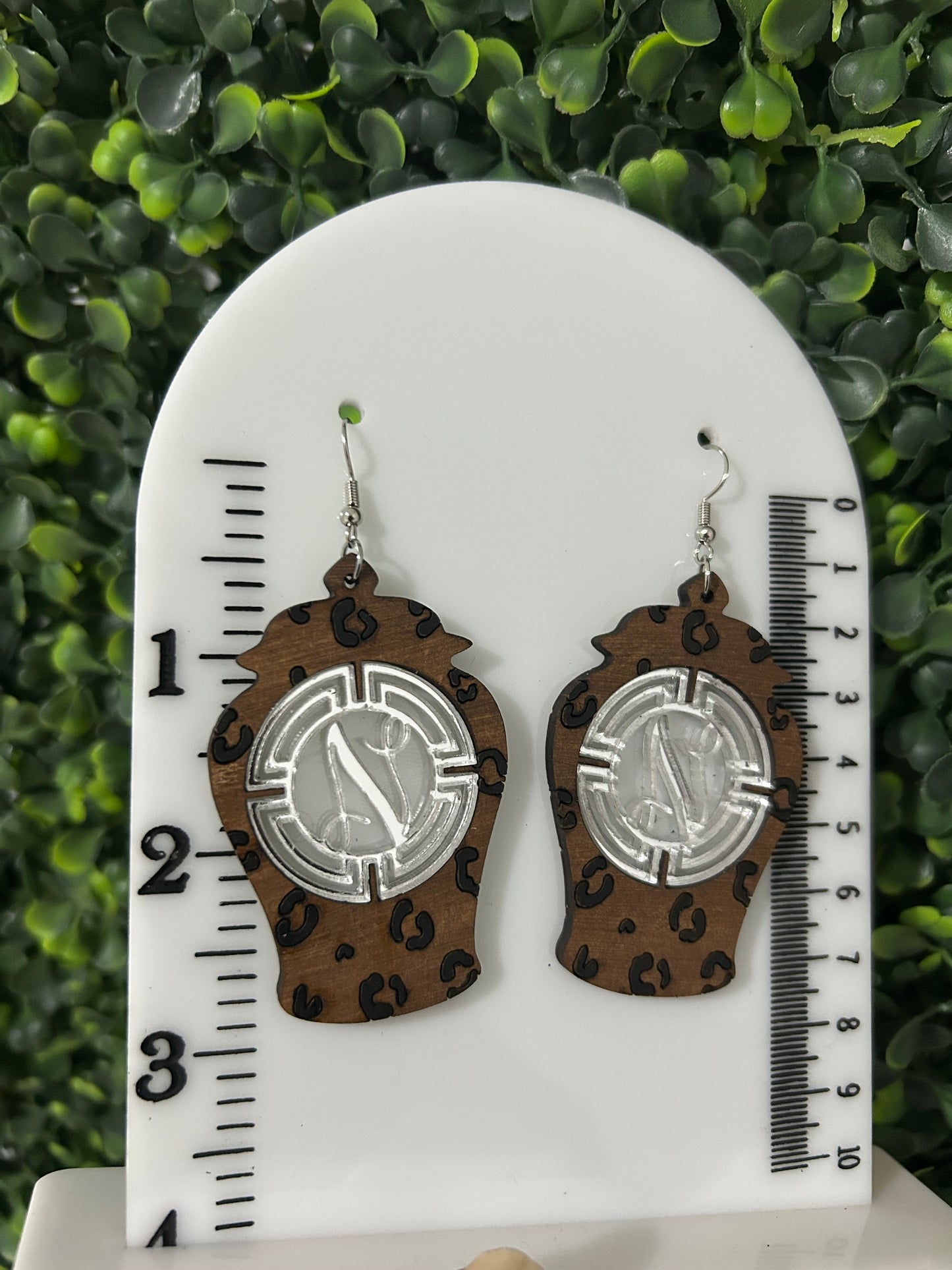Personalized Monogram Leopard ginger jar earrings (Silver medallion)
