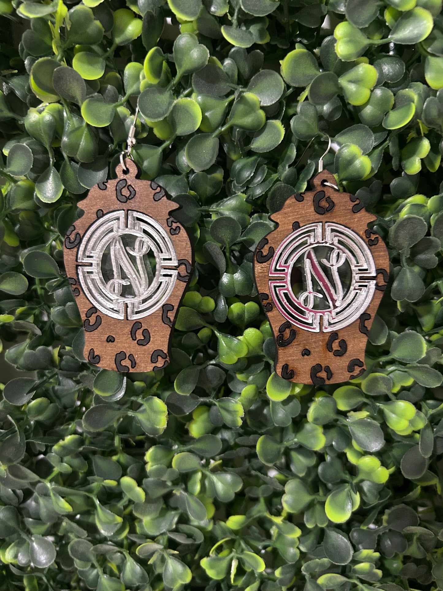 Personalized Monogram Leopard ginger jar earrings (Silver medallion)