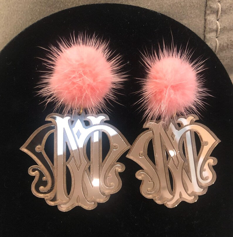 Personalized Vintage Monogram Earrings with Fur Topper