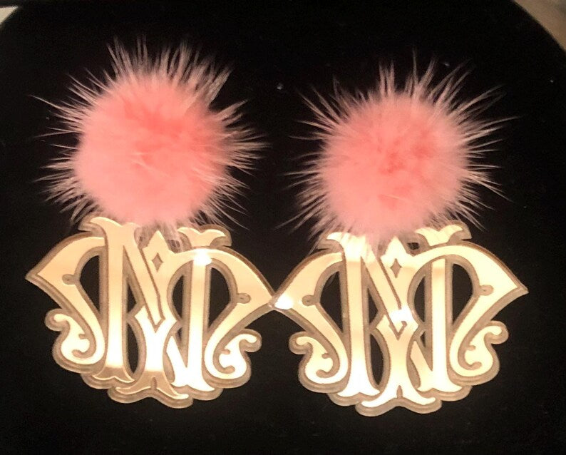 Personalized Vintage Monogram Earrings with Fur Topper