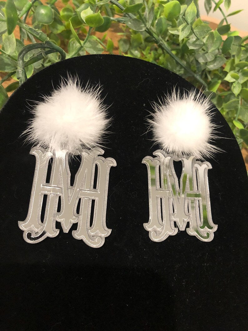 Personalized Vintage Monogram Earrings with Fur Topper