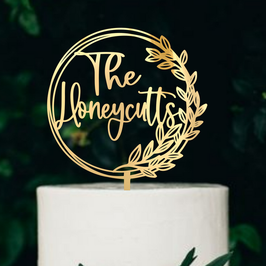 Personalized Gold Wreath Wedding Cake Topper with Last Name